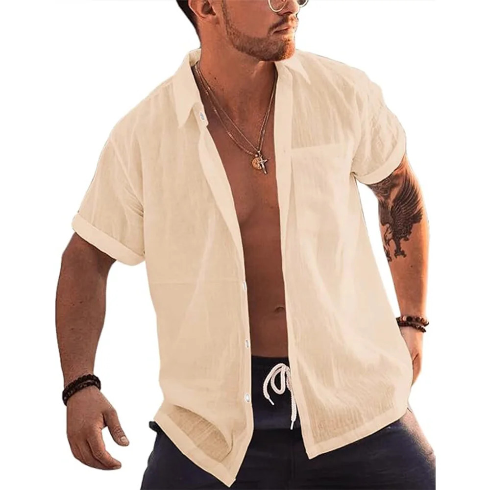 Mens Short Sleeve Button Up Shirts Linen Cotton Beach Tops Turn Down Collar Summer T Shirt with Pocket 250618