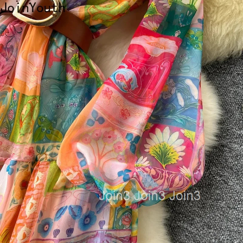 2025 Vestidos De Mujer Maxi Dress for Women V-neck Lantern Sleeve Chiffon Robe Femme Slim Waist Floral Big Swing Summer Dresses