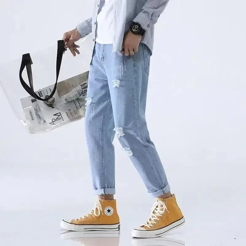 Man Cowboy Pants Broken Trousers Torn Mens Jeans Cropped With Holes Light Blue Ripped Retro Xs In Wide Leg Casual 250616
