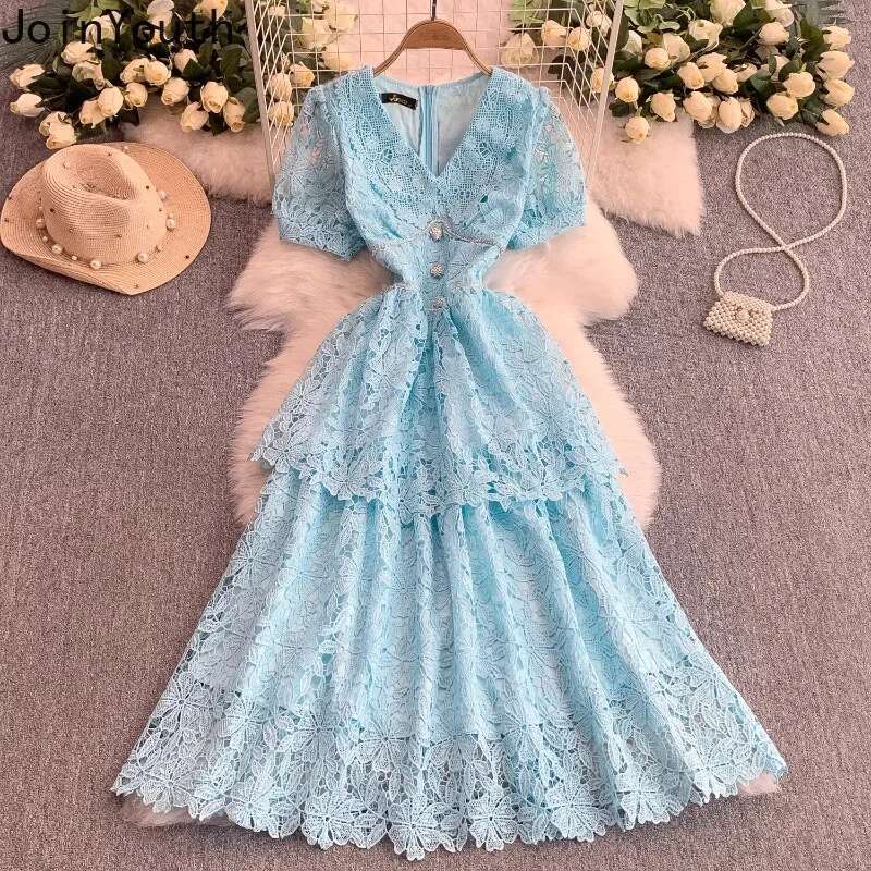 Elegant Dress Women Clothing Lace V-neck Short Sleeve Slim Waist Robe Femme 2025 Vestidos De Mujer A-line Vintage Summer Dresses