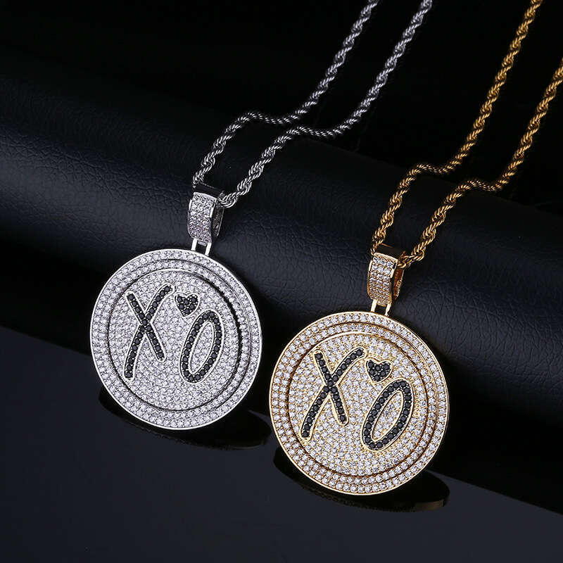 Hip Hop XO Rap Street Pendant Micro Paved Zircon Men's Trendy Ins Double Layer Rotatable Disc Necklace