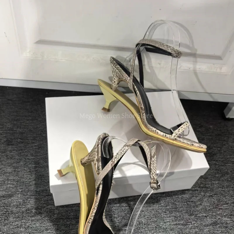 Narrow Band Stiletto Strange Heels Sandals Women Snake Skin Pattern Ankle Strap Sandal Genuine Leather High-End Shoes 250617