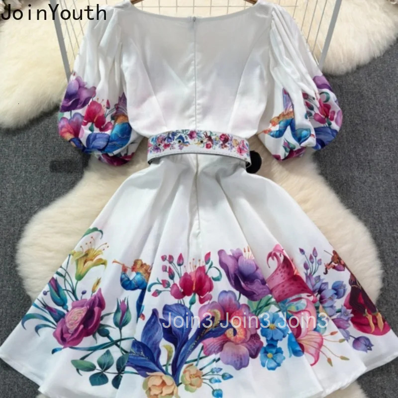 Woman Evening Dress Fashion V Neck Puff Sleeve Mujer Belt Print Vintage Slim Party Dresses Elegant Panelled High Waist Vestidos