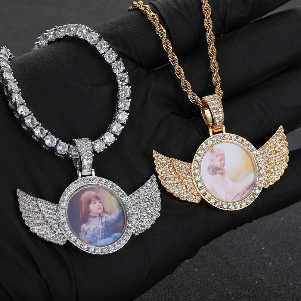 Hip Hop Memory Small Round Photo Angel Wings Frame Pendant Micro Paved Zircon Men's Necklace 675e