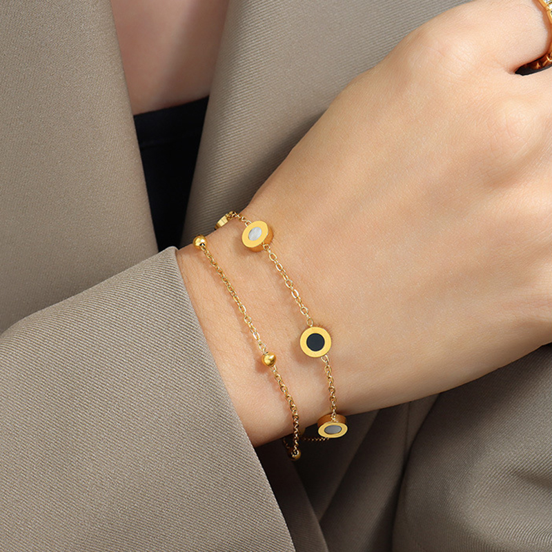 18K Gold Plated Layered Bracelet, Double - Chain with Black & White Circular Charms, Trendy Dainty Jewelry for Women