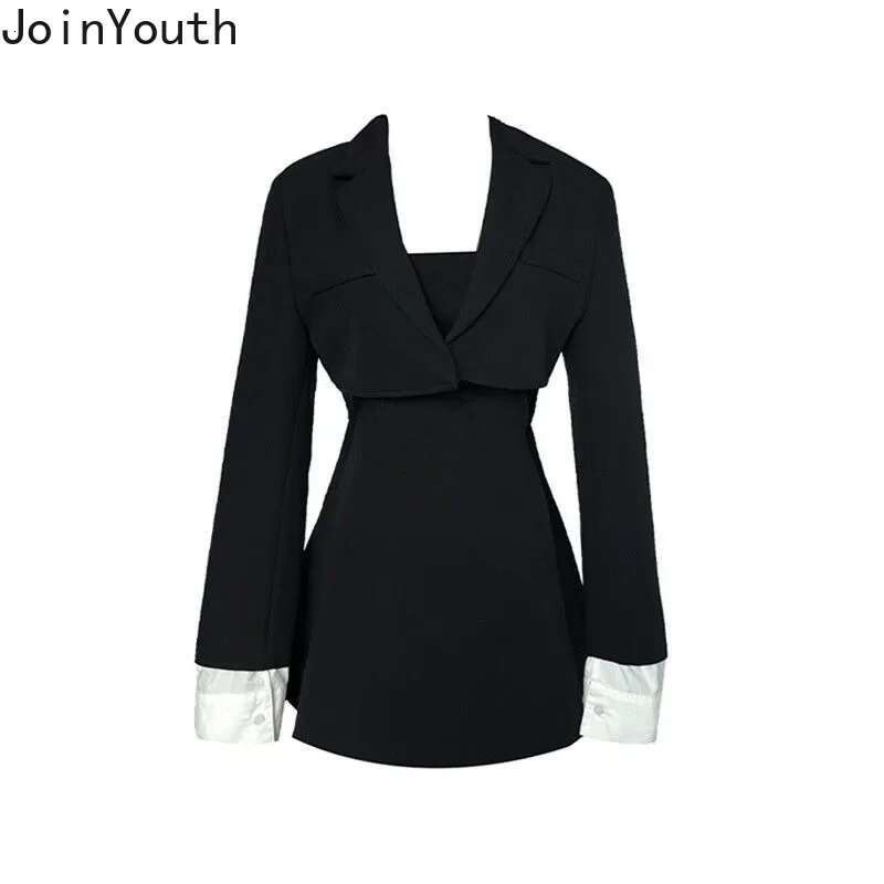 Temperament Two Piece Sets Womens Outfits Roupas Femme Black Crop Jackets Slim Waist Bodycon Mini Suit Fashion Office Lady Set