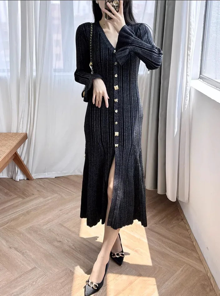 Knitted Mid-Length Dress Women Long Sleeve Ribbed Party Dresses Elegant Lady Knitwear 5240175 250617