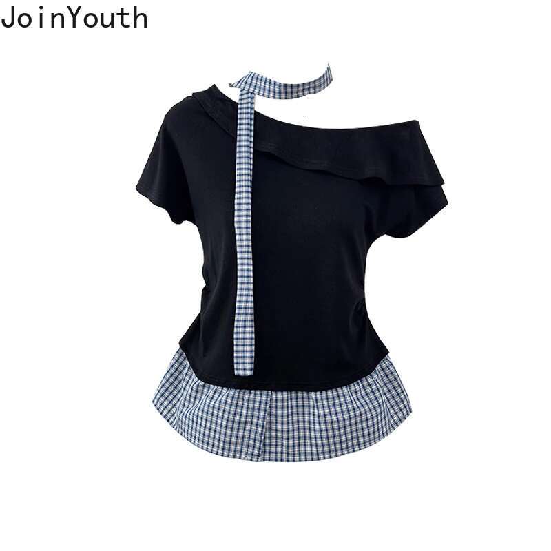 Summer Woman Tshirts Patchwork Plaid Camisetas Fake Two Korean Tees 2025 Ropa Mujer Off Shoulder Slim Fit Irregular T-shirt Tops