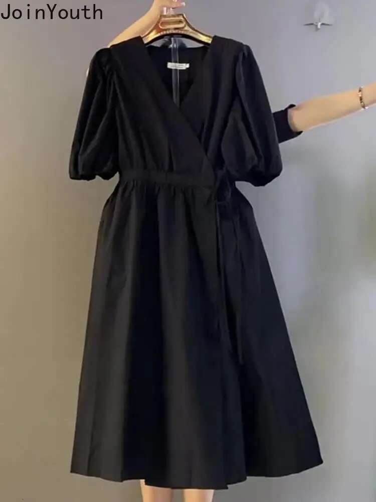 Vintage Dresses for Women Loose Temperament Robe Femme V-neck Puff Sleeve Bandage A-line Summer Dress 2025 Vestidos De Mujer