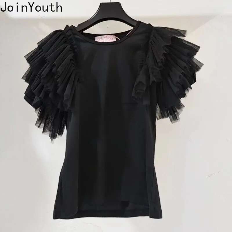 White T Shirts Womens Clothing Patchwork Gauze Tees O-neck Short Sleeve Summer Camisetas 2025 Ropa Mujer Casual Chic Tshirt