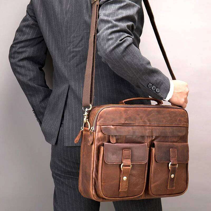 Vintage fashion men's leather shoulder crossbody top layer cowhide handbag business bag for man male briefcase bags