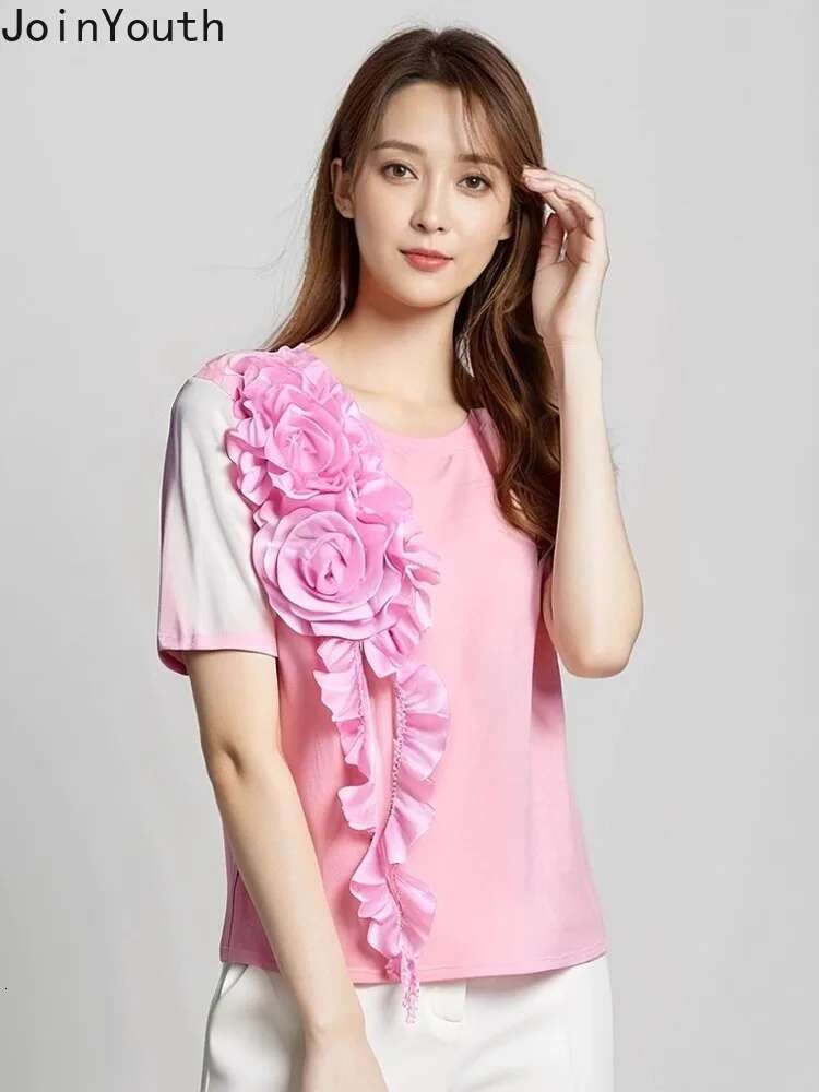 2025 Women Clothing Summer T Shirts 3D Floral Sweet Camisetas Ropa Mujer Short Sleeve O-neck Tees Loose Chic White T-shirt Tops