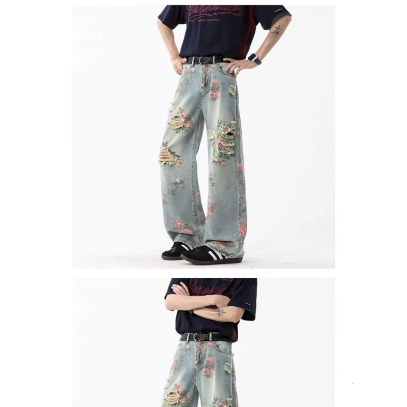American high street ripped jeans mens summer floral sense beggar straight-leg pants high-end slim wide-leg pants 250618