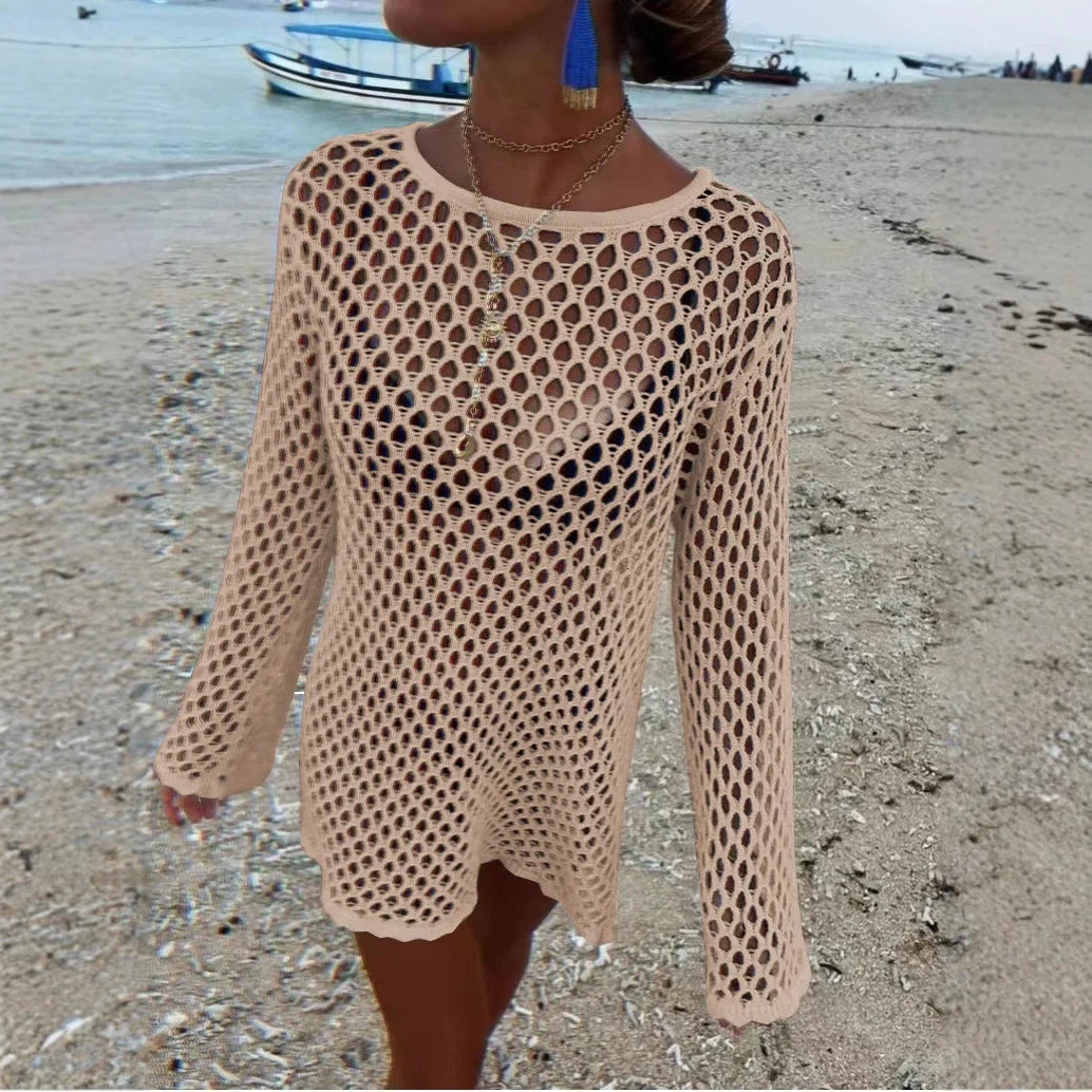 DRC Female Sheer Loose Beach Holiday Mini Dresses Sexy Hollow Out Knit Cover Up Dres Summer Splice Knitwear 250616