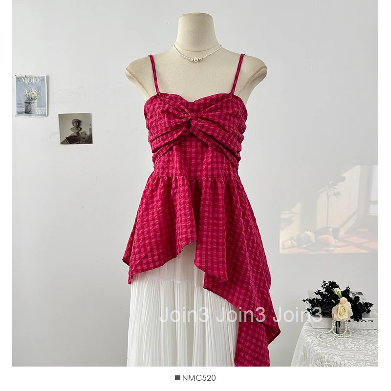 Summer Tees Ruffles Irregular Tanks Womens Clothing Korean Camis Crop Tops Tunic Fashion Plaid Folds Sweet Vest 2025 Ropa Mujer