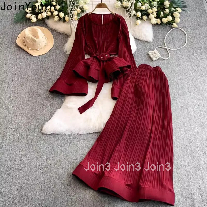 Two Piece Sets Womens Outifits Korean Clothing O-neck Flare Sleeve Shirt High Waist A-line Skirt Suit Solid Color Pleated Set