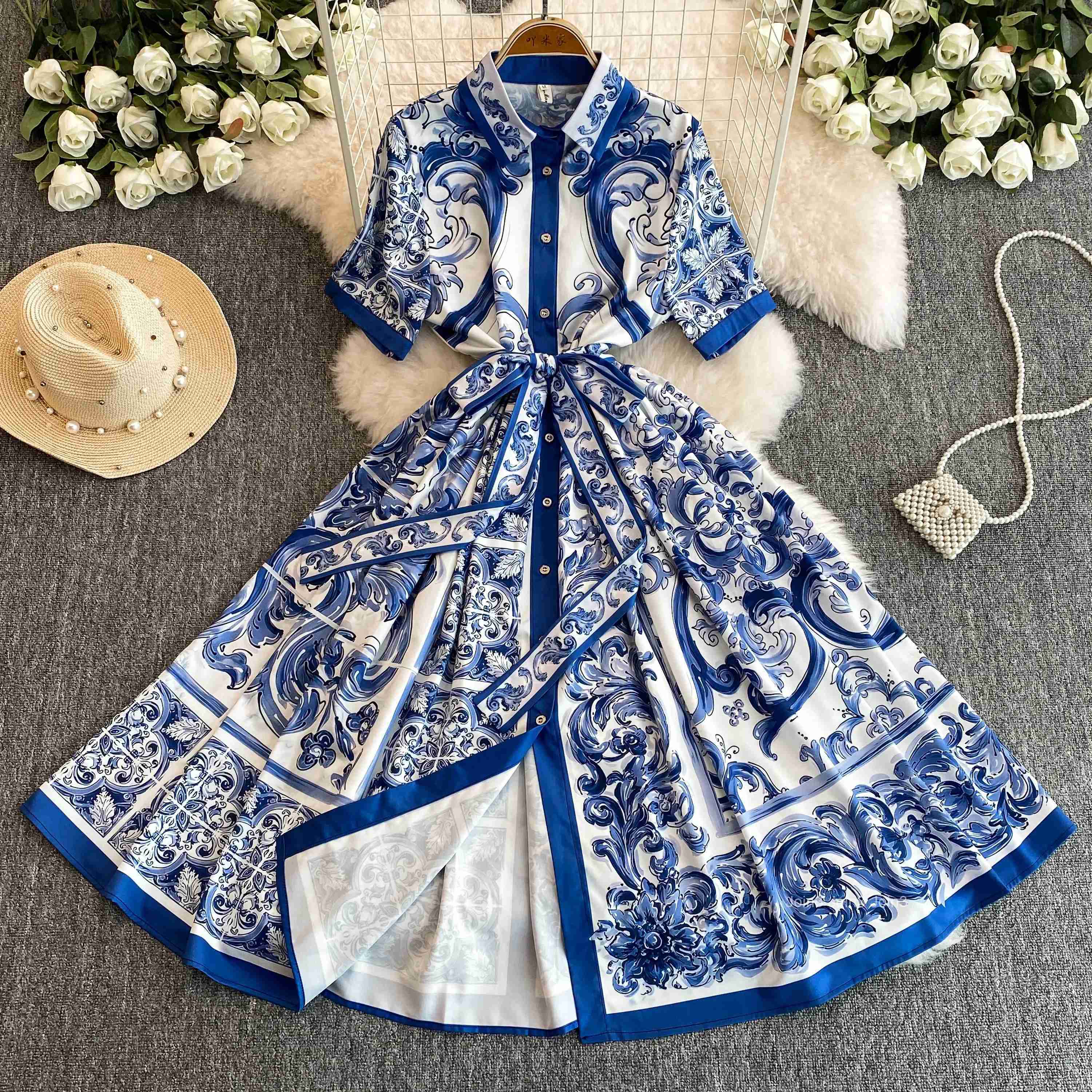 Summer Dress Women Tunic Floral Big Swing Temperament Robe Femme 2025 Vestidos De Mujer Short Sleeve Single Breasted Maxi Dress