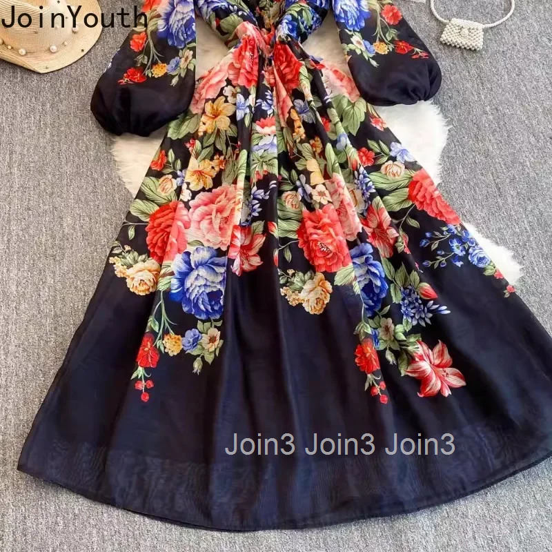 Elegant Floral Dress for Women 2025 Vestidos De Mujer V-necklantern Sleeve A-line Robe Femme Vintage High Waist Maxi Dresses