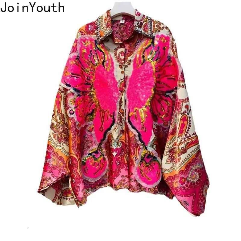 Floral Vintage Blouses for Women Summer Blusas Mujer De Moda Heavy Sequin Loose Shirts Vintage Korean Blouse Temperament Tops