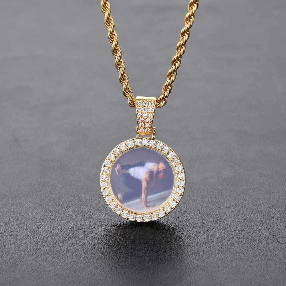 Unique Creative Mini Small Round Photo Pendant Micro-Paved Zircon Hip-Hop Frame Necklace 40bd