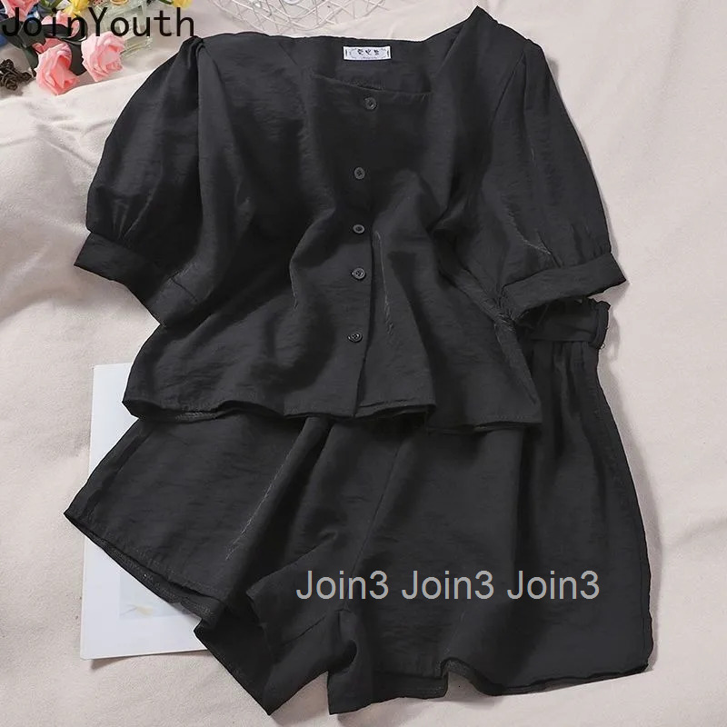 Summer Two Piece Sets 2025 Womens Clothing Square Collar Puff Sleeve Blouse Highi Waist Wide Leg Pants Outfits Temperament Set