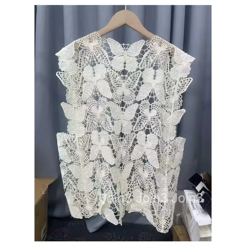 Sexy Vest Crop Tops 2025 Women Clothing Sleeveless Sweet Butterfly Embroidery Camis O-neck Hollow Out Summer See Through Tanks