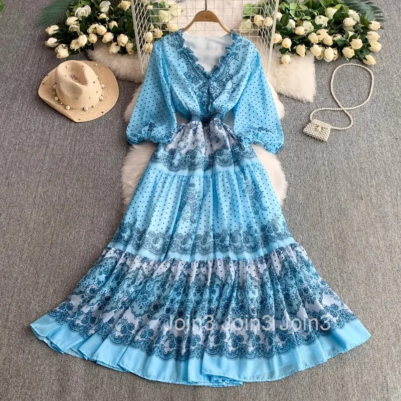 Elegant Print Dress Women V-neck Ruffles Lantern Sleeve Robe Femme 2025 Vestidos De Mujer Vintage Big Swing Summer Maxi Dresses