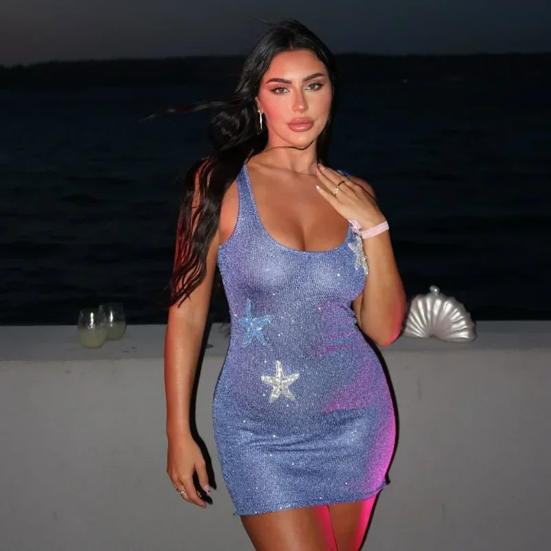 hirigin Chic Sparkling Star Print Women Mini Dresses Elegant Sleeveless Backless Pleated Knit Prom Dresses Female Party Robe 250617