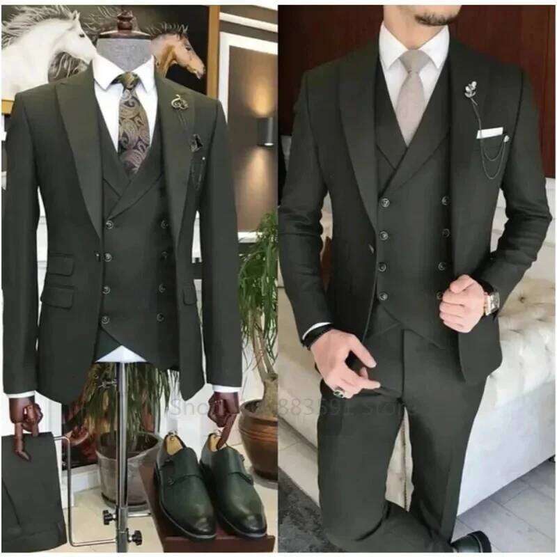 3 Pieces New Business Khaki Formal Men's Slim Fit Suits Wedding Groom Prom Terno Masculino Custom Blazer Jacket Vest Pant Sets