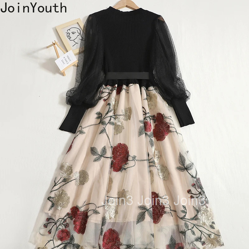 Korean Temperament Robe Femme O-neck Bandage Bow Dresses 2025 Vestidos De Mujer Gauze Embroidery Floral Vintage A-line Dress