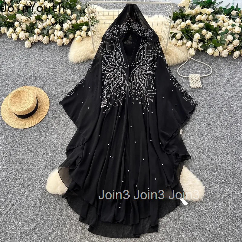 Women Clothing Elegant Maxi Dresses 2025 Vestidos De Mujer Fashion Gauze Irregular Dress Heavy Beading Hooded Loose Robe Femme