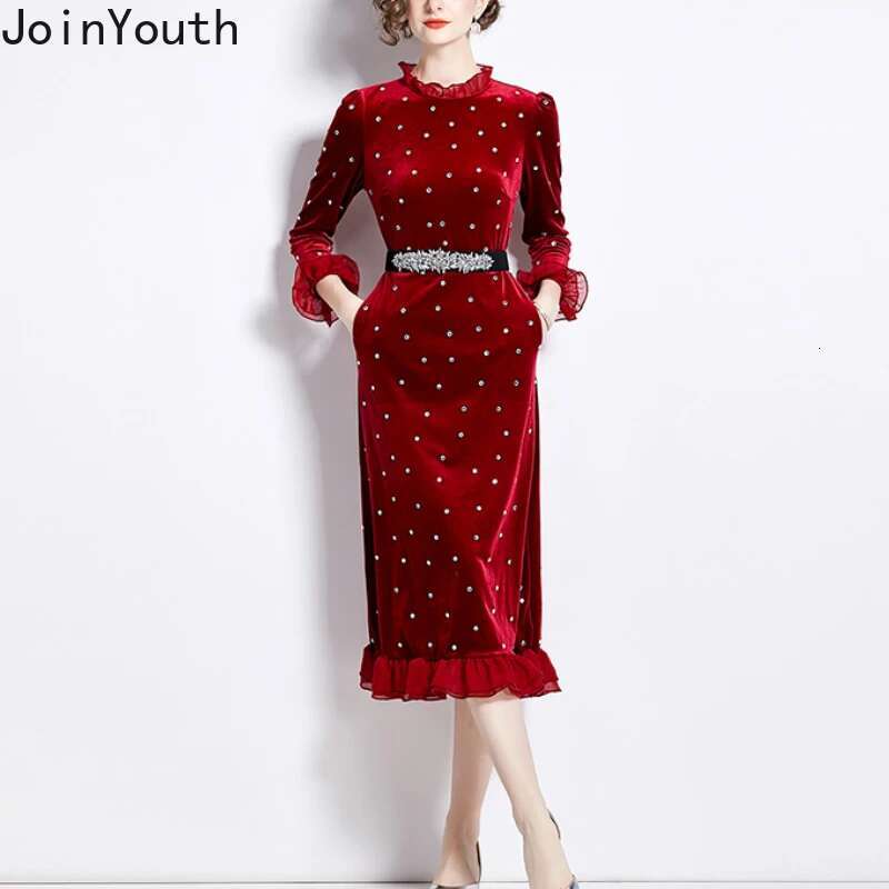 Temperament Robe Femme Velvet Dresses for Women 2025 Vestidos De Mujer O-neck Flare Sleeve Tunic Heavy Diamond Ruffles Dress