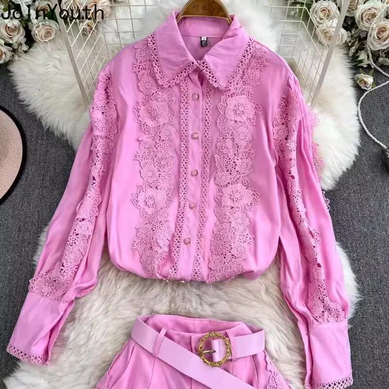 2025 Women Clothing 2 Piece Sets Long Sleeve Hollow Out Shirts High Waist Patchwork Lace Shorts Outfits Temperament Summer Suit