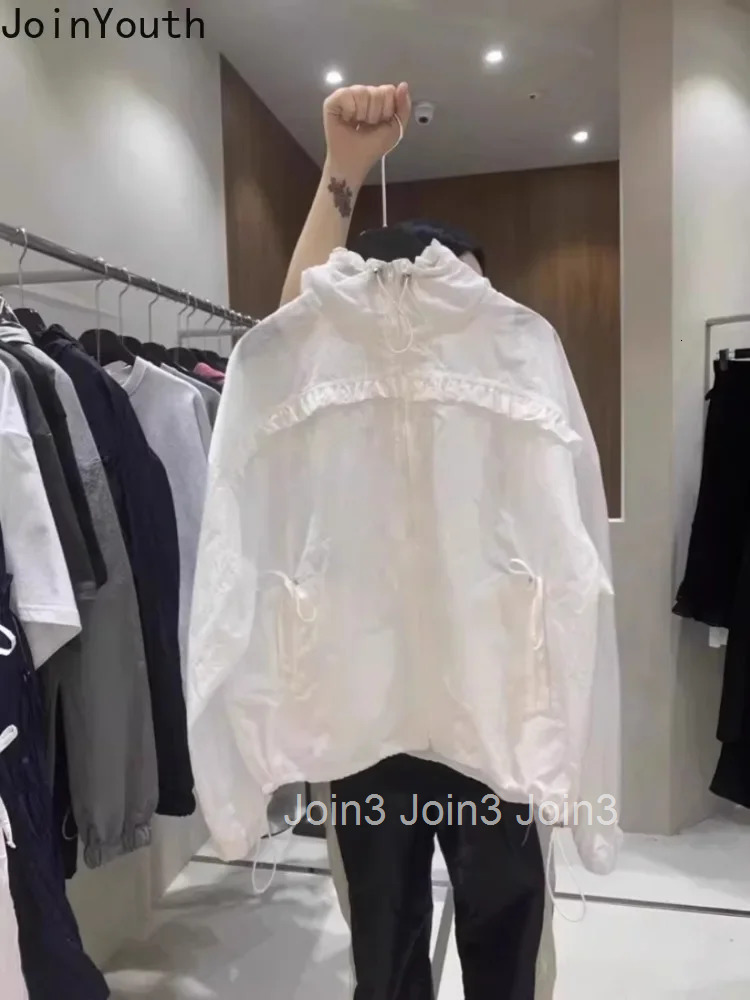 2025 Ropa Mujer Korean Jackets for Women Fashion Drawstring Long Sleeve Ruffles Hooded Zipper Y2k Tops Casual Solid Color Coat