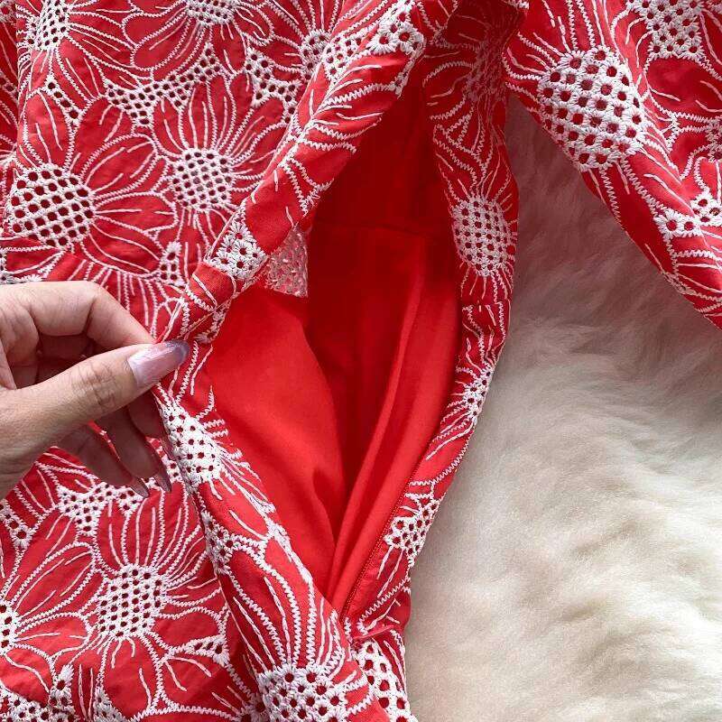 Retro V Neck Lantern Short Sleeves Embroidered Elegant Summer Slim Dresses A-Line French Vacation Print Women Clothing