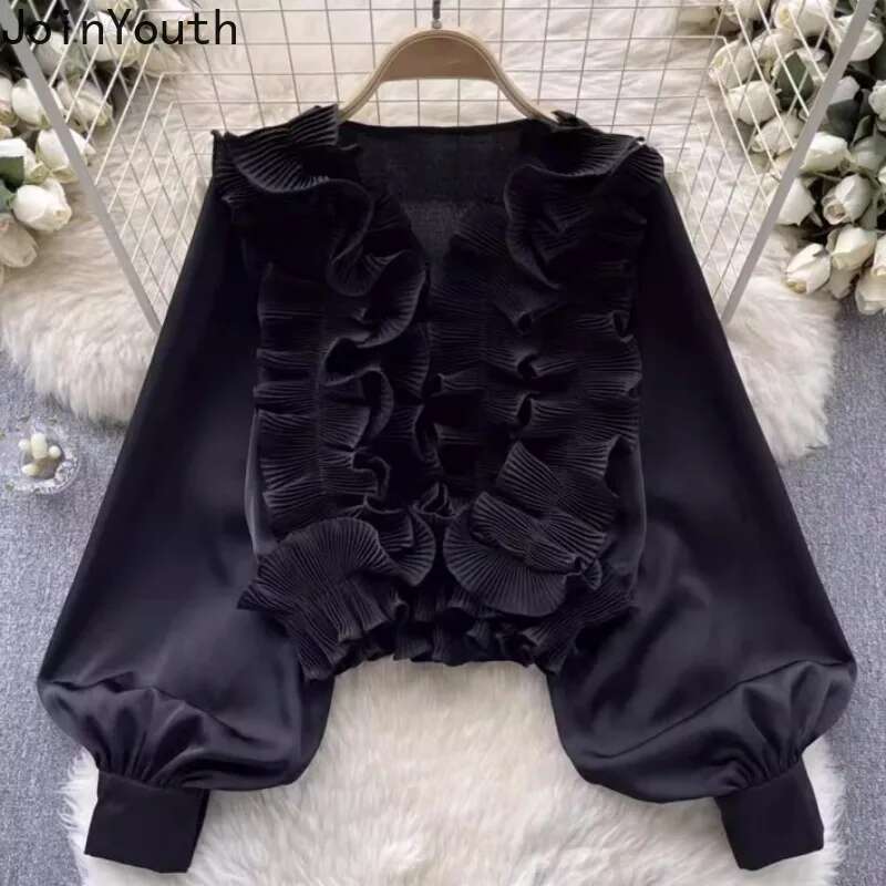 2025 Blusas Mujer De Moda White Blouse Women Clothing Temperament Ladies Tops Sweet Ruffles Lantern Sleeve Shirt Blouses 7o240