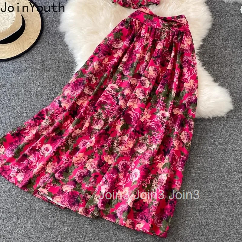 Skirt Suit Women Clothes Fashion 2 Piece Sets Roupas Femme Tunic Vest High Waist A-line Big Swing Skirt Outfits Print Summer Set