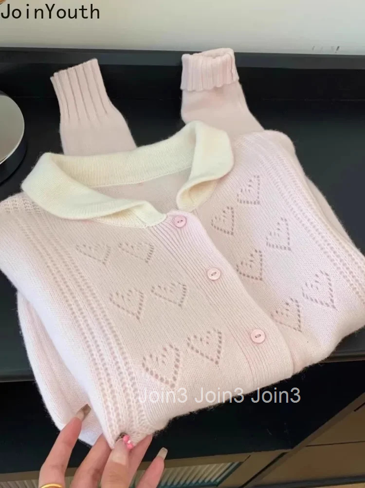 Pink Cardigan Coat Fall Winter Women Clothing Pull Femme Korean Sweet Sueter Mujer Love Crochet Casual Vintage Knitted Sweater