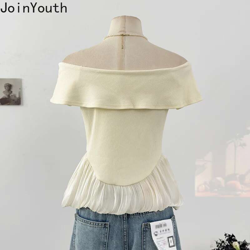 Ruffles Contrast Color T Shirts Womens Clothes Fake Two Tunic Camisetas 2025 Ropa Mujer Slash Neck Fashion Summer T-shirts Tops