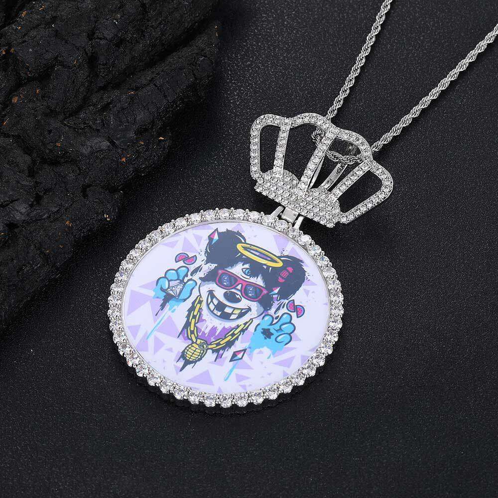 Hip Hop Crown Large Round Personality Pendant DIY Creative Photo Frame Zircon Men's Necklace a680