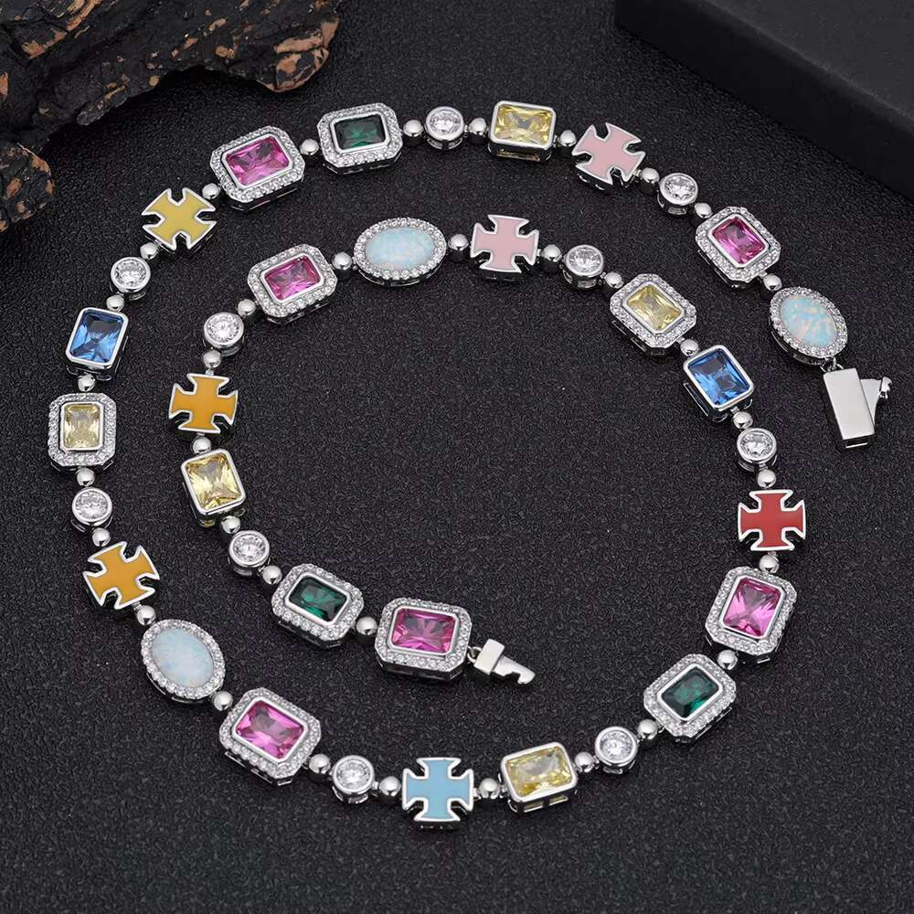 NUOYA 10mm Custom Multi Color Enamel Bling Cz Stone Chain Silver Geometric Gemstone Motif Iced Out Chain Necklace