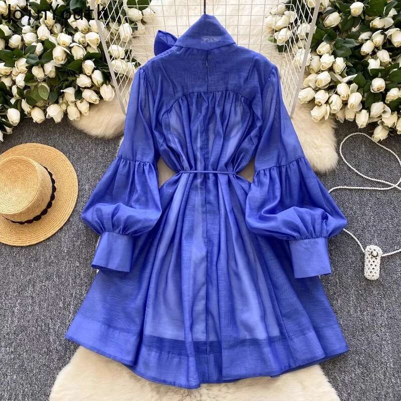 2025 Vestidos De Mujer Chic Dress for Women Solid Color Vintage Temperament Robe Femme Lantern Sleeve Bandage A-line Dresses