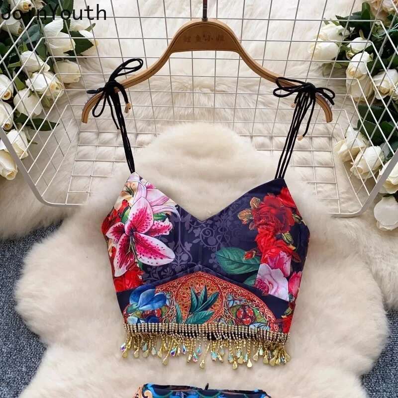 Sexy Two Piece Sets Womens Outfits Beading Tassel Tunic Vest High Waist Bodycon Mini Skirt Suit Fashion Floral Summer Clothes