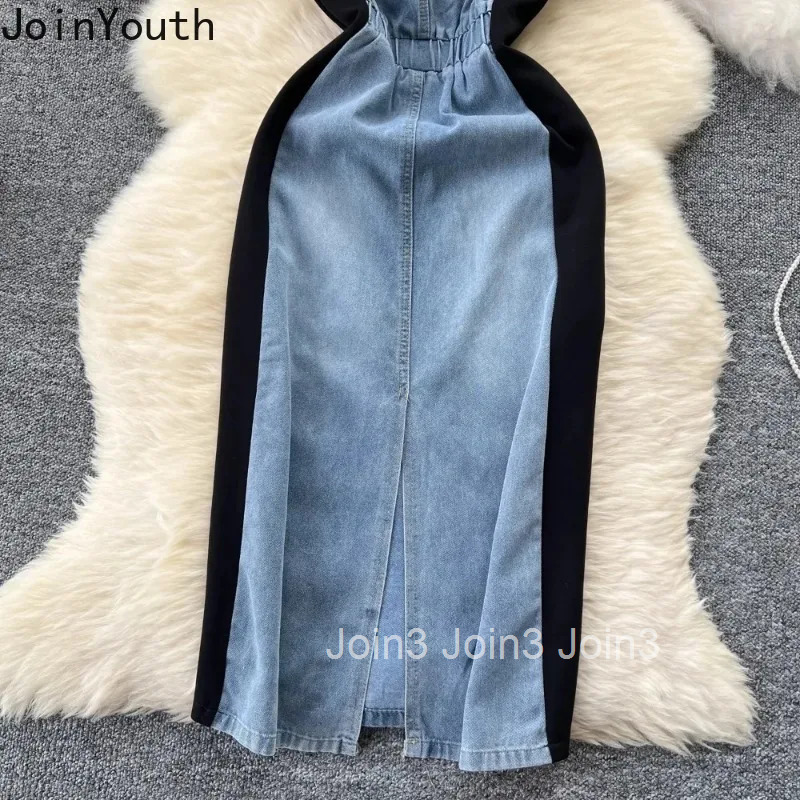 Summer Y2k Dresses for Womens O Neck Half Sleeve Casual Korean Femme Robe High Waist Slim Fit Patchwork Denim Fashion Dress