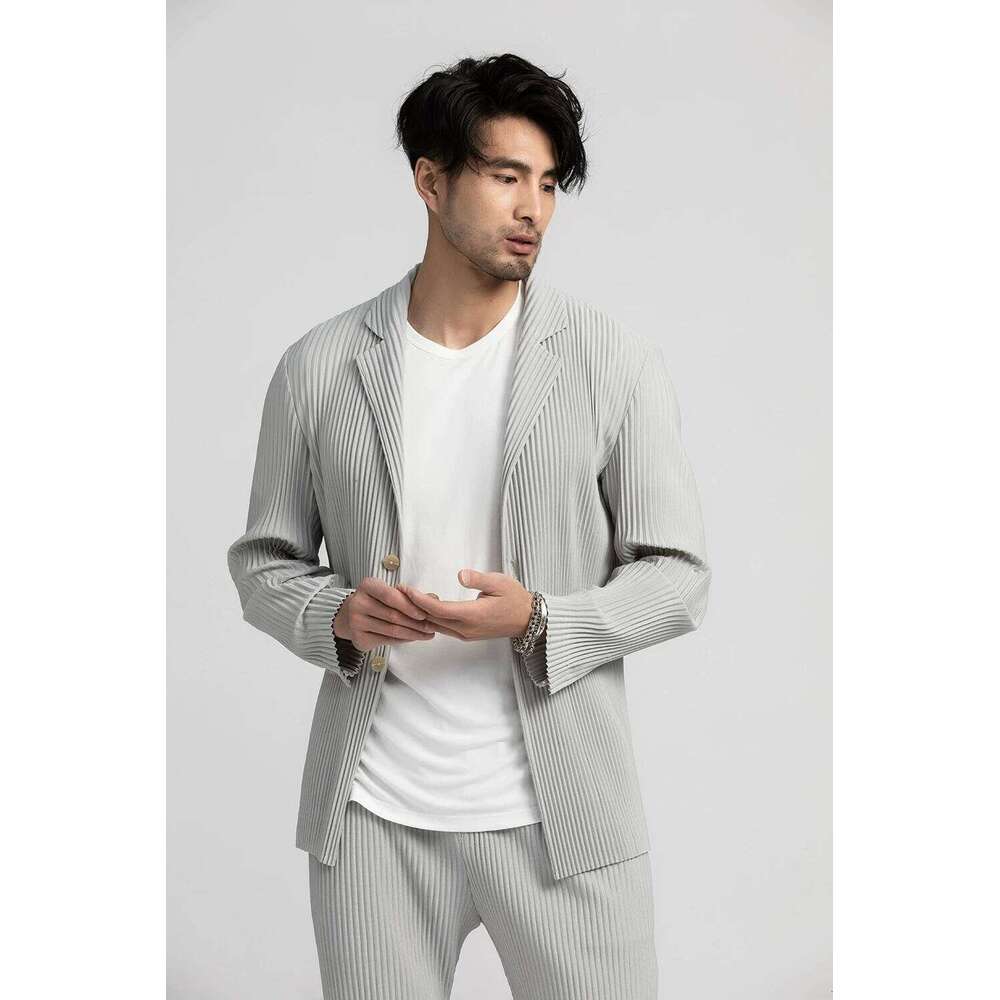 Miyake Pleated Blazer Black Suits For Men High Quality Casual Japanese Style Blazers Stretch Fabric Slim Fit Coat