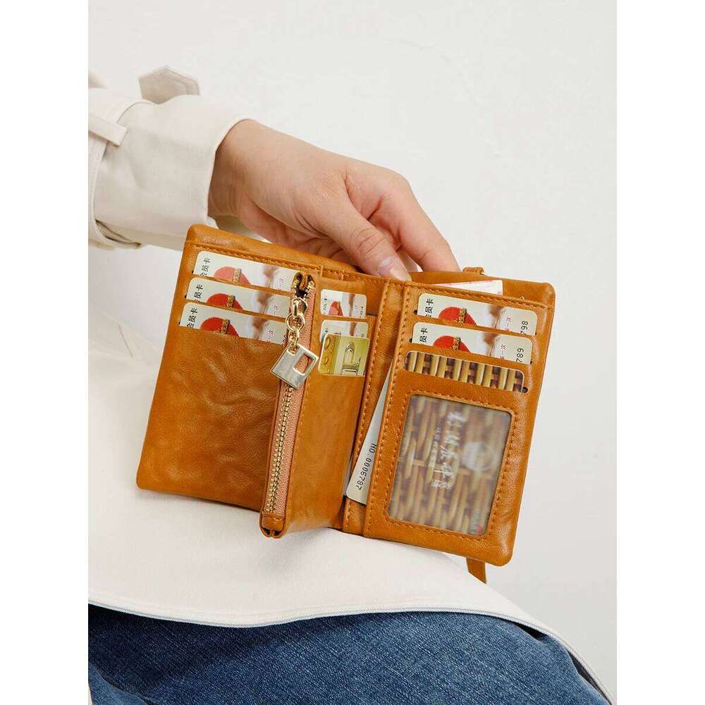 Retro short style small wallet, women's 100% PU leather folding wallet with multiple card slots and zipper pockets