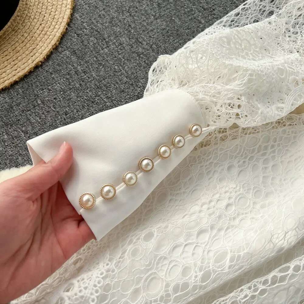 Vintage White Woman Dress Elegant Stand Neck Single Breasted Lace Robe Femme Ruffles Hollow Out Temperament Vestidos De Mujer