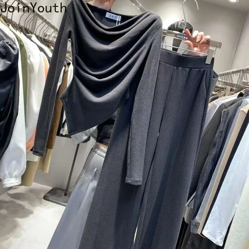 2025 Women Clothing Korean Two Piece Sets Slim Waist Irregular Tops High Waist Straight Wide Leg Pants Outfits Casual Chic Suit