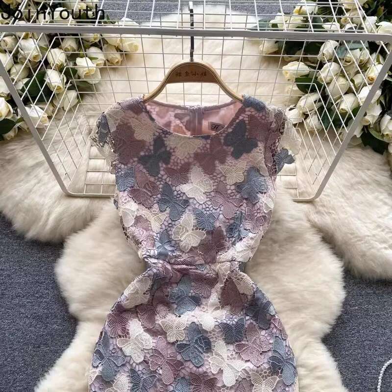 Summer Woman Dress 2025 Vestidos De Mujer Short Sleeve O-neck Tunic Lace Bodycon Robe Femme Hollow Out Butterfly Dresses
