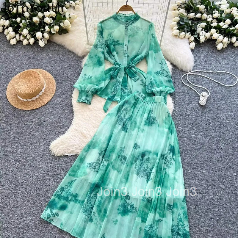 Floral Temperament Suit Summer 2 Piece Sets Women Clothing Lantern Sleeve Bandage Shirt High Waist Loose Pleated Skirts Outfits
